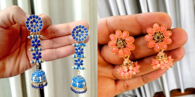 Anish jhumki combo pack for women 2 pairs long blue jhumka earrings small peach jhumki Pearl Alloy Jhumki Earring