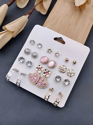 Nehdal Elegant 12-Pair Earring Combo featuring pink heart, floral, and crystal studs Alloy Stud Earring