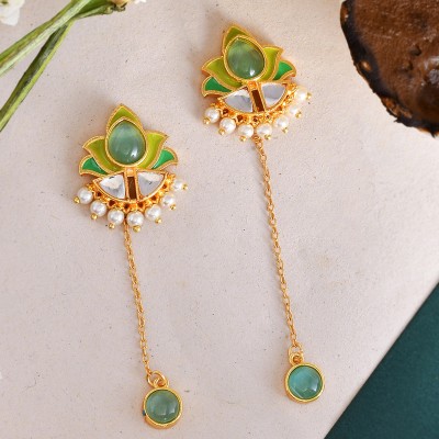 Voylla Forever More Green Stones and Pearls Enameled Drop Earrings Brass Drops & Danglers