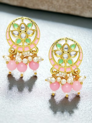 ANOUK Pink Meenakari Kundan Floral Design Ethnic Stud Earrings Beads, Crystal Alloy Stud Earring