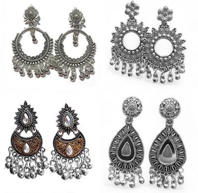 Jhumka Street Pack of 4 Oxidized Silver Jhumka Earrings for Women & Girls Alloy Drops & Danglers