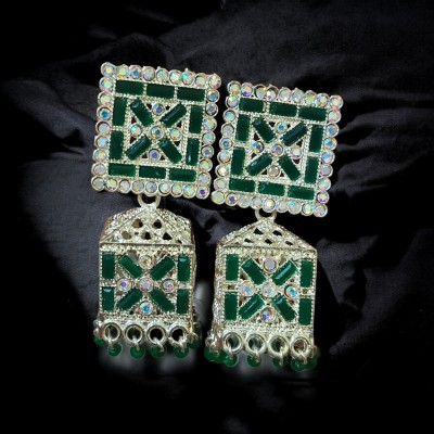 Diamonddrops Gold Plated Jhumka with Green Gemstones Zircon Alloy Jhumki Earring