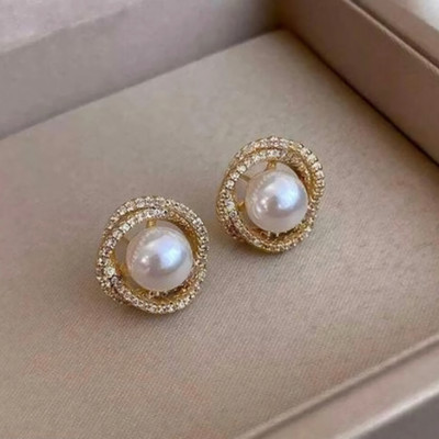 Jassa Korean Gold-Plated Round Shaped CZ Diamond Pearl Stud Earrings For Women & Girls Pearl, Diamond Alloy Stud Earring