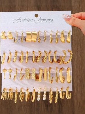 Dressberry Combo Of 24 Pairs Gold Plated Hoop And Pearl Earrings For Women Pearl Alloy Hoop Earring