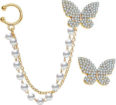 DIVISSHA Double Layered Pearl Beaded Butterfly Attached Crystal Metal Cuff Earring Alloy Cuff Earring