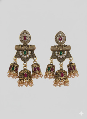 Avoroni Ethnic Divine Oxidised Plated Jhumka Earrings with Antique Gold Brass Drops & Danglers