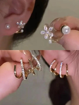 Munsi Store Trendy Combo of Pearl Flower & Crystal Triple Hoop Earrings for Women and Girls Alloy Stud Earring, Hoop Earring