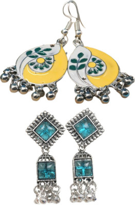 RatnaRaga Oxidized Silver Jhumkas & Meenakari Floral Drop Earrings Combo Set for Women Beads Alloy Jhumki Earring, Drops & Danglers