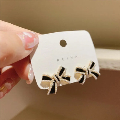 MAHADEV CREATION Korean Black Bow Stone Stud Earrings Crystal Alloy Stud Earring