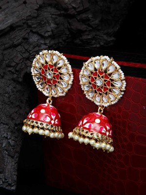 AtoZ Traditional Gold Toned Red Lotus Flower Designer jhumka Pearl Copper Jhumki Earring