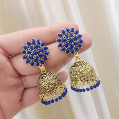 TANLOOMS Latest Collection Sunflower Gold Jhumka earrings for Girls and Woman.(Blue Color) Brass Jhumki Earring