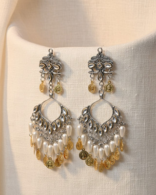 DIVYASHVI FASHION Oxidised Silver Statement Earrings with Kundan Work, Beads & Coin Drops Alloy Jhumki Earring, Drops & Danglers
