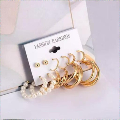VIDALI Combo of 6 Pair Golden Stud/ Chain Pearl Triple Hoop Earrings For Women Pearl Alloy Hoop Earring