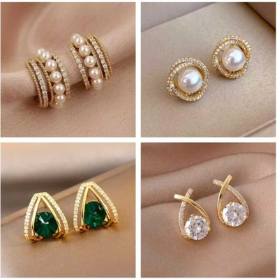 RISHASTYLE Pack of 4 Stylish Gold Stone Pearl Stud Earrings for Women Girls Light weight, Zircon Alloy Earring Set