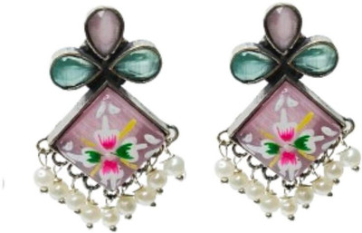 AVNI CREATION Hand Painted White Stone Floral Kite Earrings Brass Earring Set