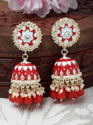 ZENEME Red Kundan & White Pearls studded Dome Shaped Handcrafted Jhumka Earrings Pearl Metal Jhumki Earring