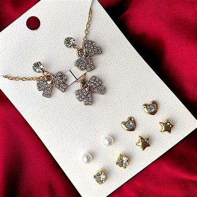 pifashion Trendy 5 pair of Earrings studs and Neck Chain for women Alloy Earring Set, Stud Earring