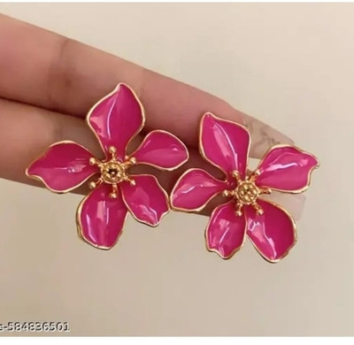 RISHASTYLE Shine pink flower motive earrings Zircon Alloy Stud Earring