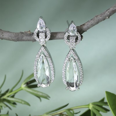 ZENEME White American Diamond studded Handcrafted Long Teardrop Shaped Drop Earrings Cubic Zirconia Brass Drops & Danglers