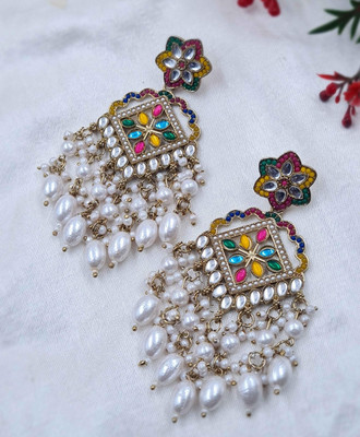 RENSA Gold plated kundan pearls multicolour chandwali earrings jhumka for women girls Pearl, Pearl Brass Chandbali Earring, Drops & Danglers, Jhumki Earring