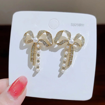 MAHADEV CREATION Bow Pearl Korean Earring Crystal Alloy Stud Earring