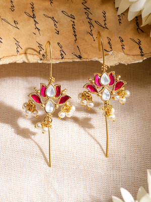 RUBANS 22K Gold-Plated Ruby Pink & White Kundan Lotus Design Ear Cuff - Pearl Beads Brass Cuff Earring