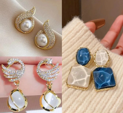 Saugaat Craft Western Party Wear Stylish Combo Pack Of 3 Korean Earrings For Women Girls Cubic Zirconia, Crystal, Pearl Alloy Drops & Danglers, Rhinestone Studs, Stud Earring, Earring Set