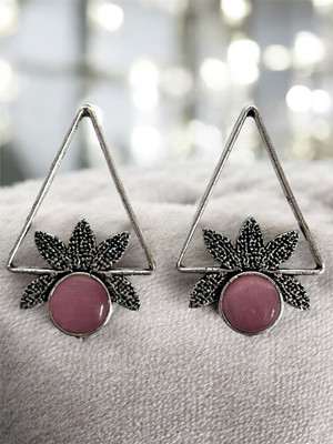 TANSUM COLLECTION Stylish Pink Triangle Oxidised Earrings for Women & Girls, Partywear Design Beads Brass Stud Earring