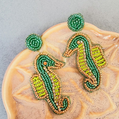 brybella Handcrafted Beaded Green and Golden Seahorse Earrings for Women Beads Fabric Earring Set