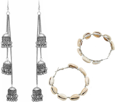 house of common Pack of 2 Stylish Sea Shell Hoop and Silver Three Layere Jhumki Alloy Hoop Earring