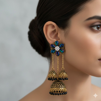 Fatima Long Latkan with chain Gold Touch Jhumka Earring for women Beads Metal Jhumki Earring