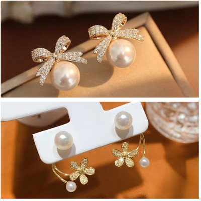 Tiso Combo of 2 Cute Bow Korean Earrings Stone Pearl Earrings for Girls and Women Crystal, Cubic Zirconia, Pearl Alloy, Brass, Stone Drops & Danglers, Earring Set, Hoop Earring, Rhinestone Studs, Stud Earring