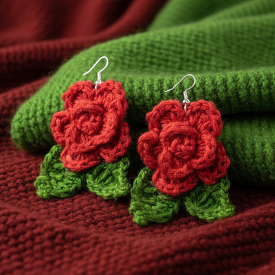 Estyle Red Rose Crochet Earrings Cotton Dori Drops & Danglers