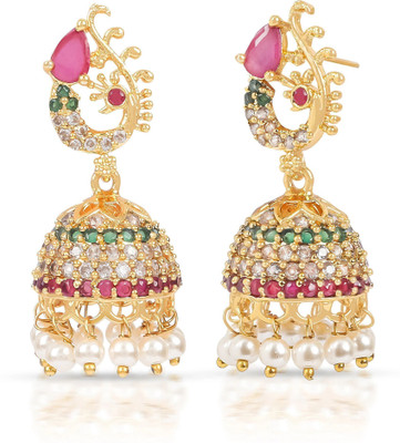 TANAIRA AD JHUMKA EMERELD AND RUBY AD STUDDED JHUKA GOLD PLATED Beads Alloy Earring Set