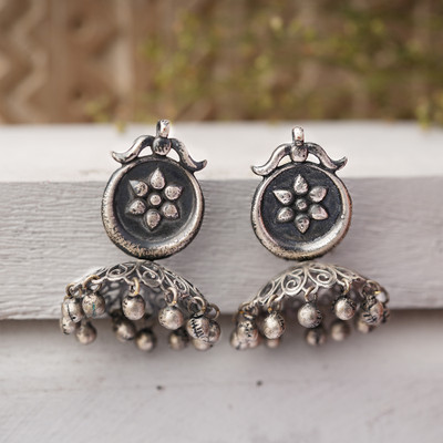 Sanseeta Kusum- Silver Brass ghunghroo dangler earrings Zircon Brass Jhumki Earring