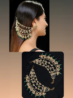 vjj green Elegant Gold Plated Earchain Kaan Ser Chain American Diamond Pearl Brass Stud Earring