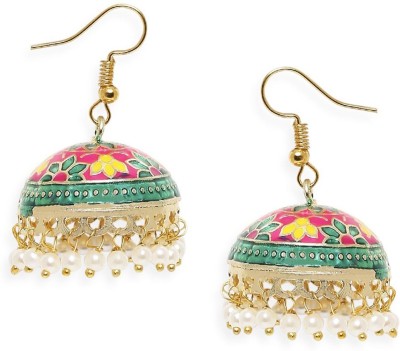 fabula Green & Pink Floral Meenakari Ethnic Jhumka Beads, Crystal Alloy Jhumki Earring