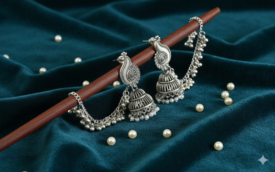 Shyneup Silver Oxidized Traditional Peacock Bahubali Jhumka Earrings with Chain/Sankla Pearl Alloy Plug Earring
