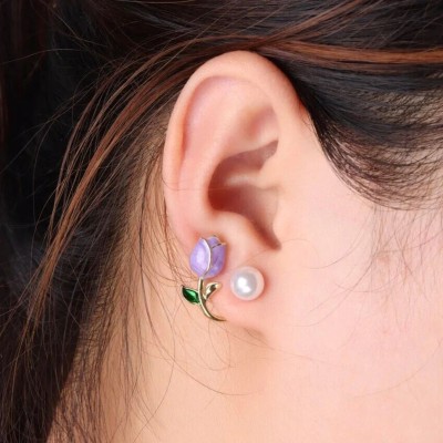 neze NZ 46 Korean Lavender Tulip Pearl Alloy Stud Earring Alloy Cuff Earring