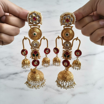 Sparkly You Kashmiri Gold Plated Red And Green Stone Jhumka Earrings Beads Brass Jhumki Earring