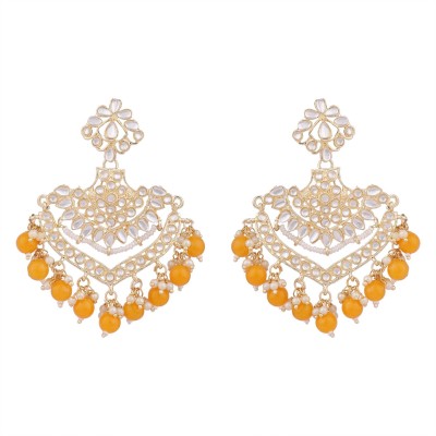 BHANA CREATIONS Pastal Yellow Gold Plated Stylish Stone & Beaded design Chandbali _BC Cubic Zirconia Brass Drops & Danglers