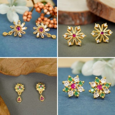 RAMDEV ART FASHION JEWELLERY Everyday Elegance Combo of 4 with 22K Gold-Plated Studs Diamond Brass Earring Set