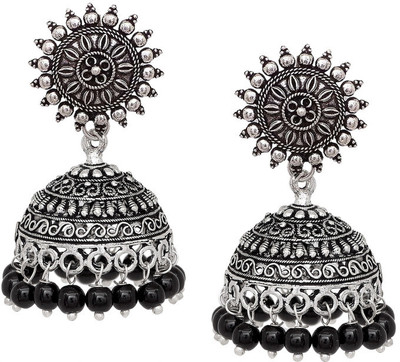 V L IMPEX Sun Shape Lightweight With Black Color Silver Plating Oxidised Girls Brass Jhumki Earring