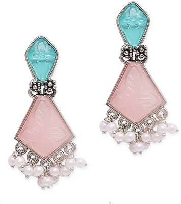 fabula Pink & Mint Green Ethnic Drop Earrings - Engraved Jaipur Stones - Beads, Crystal Alloy Drops & Danglers