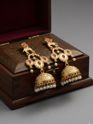 Fashion Fusion Gold Plated Red Stone Pearl Jhumka Earrings Brass Jhumki Earring