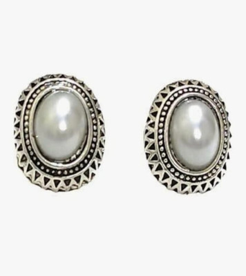 SHAAJ White Traditional Ethnic Style, Polished Finish, Oval Pearl Design for Women German Silver Clip-on Earring, Earring Set, Stud Earring