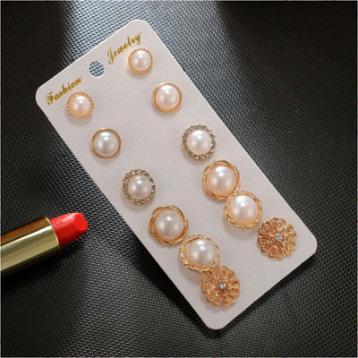 Vembley Combo of 6 Pair Gold Plated Pearl Flower Round Stud Earrings For Women And Girls Pearl Alloy Stud Earring