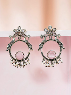 RUBANS Oxidised Silver-Toned Earrings with Peacock Motif, Pastel Pink & Pearls Brass Drops & Danglers