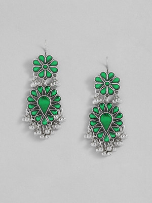 Sangria Silver-Toned Green Enamelled Teardrop Shaped Drop Earrings Beads Alloy Drops & Danglers