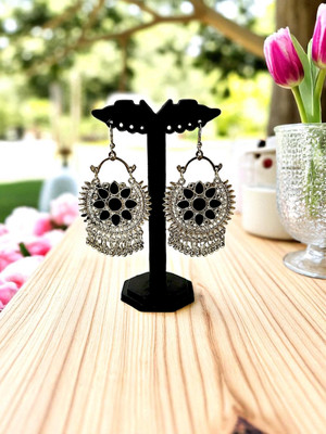 TANSUM COLLECTION Oxidised Black Chandbali Jhumka Earrings – Ethnic Festival Party Wear for Women Moonstone Alloy Drops & Danglers, Jhumki Earring
